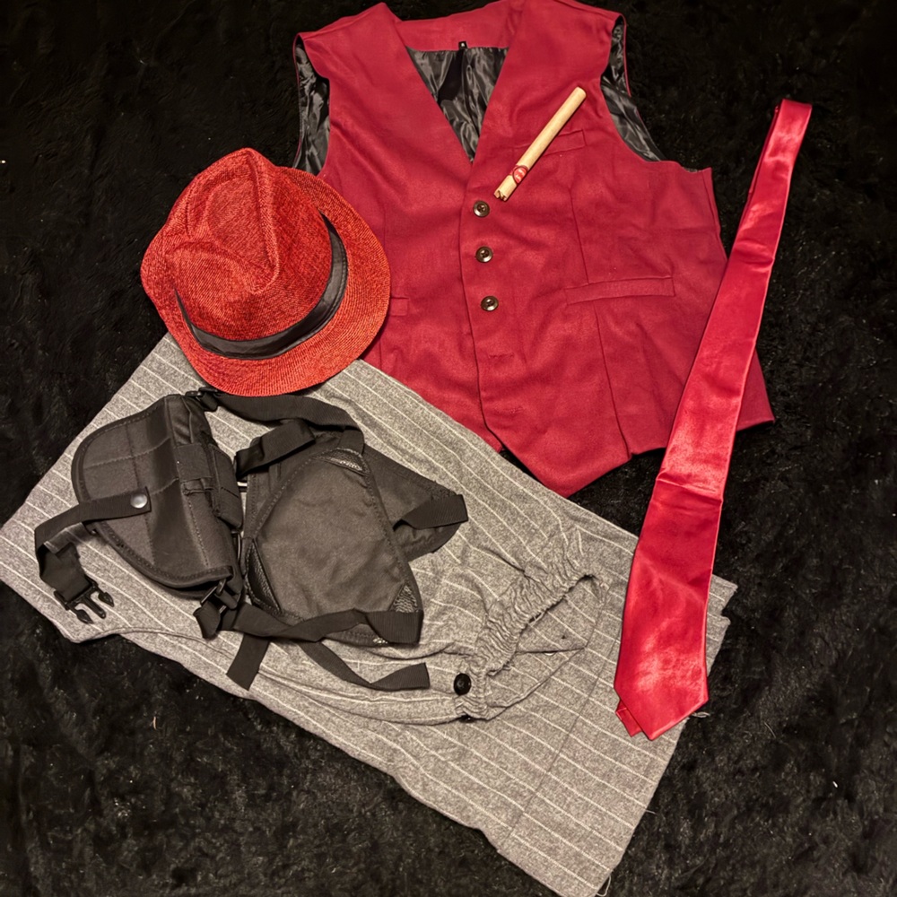 Red Vest and Hat with Gray Pinstripe Pants Set